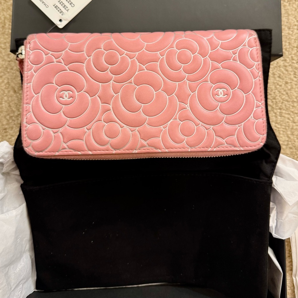 CHANEL Special Edition Pink Camellia Flower Lambskin Zip Around Wallet